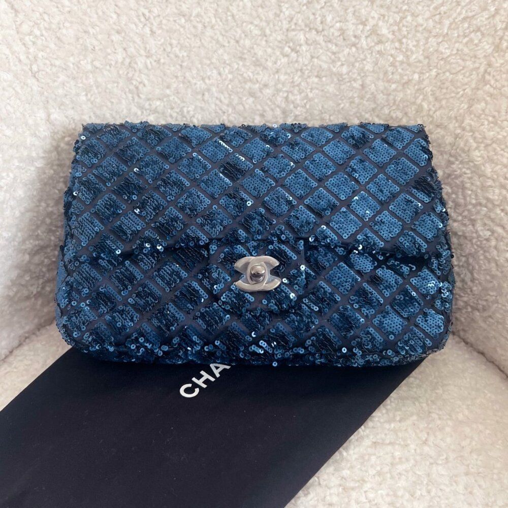 100% Authentic CHANEL Sequin Seasonal Flap Medium Navy with Dark Silver Hardware